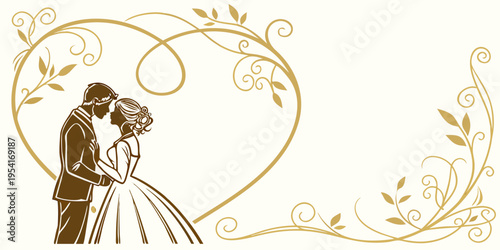 Romantic wedding couple silhouette with floral heart frame, vector