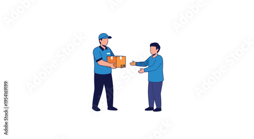 A delivery person in a blue uniform hands two brown cardboard boxes to a male customer.