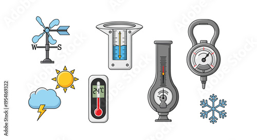 A collection of weather instruments, including a weathervane, thermometer, rain gauge, barometer, and hygrometer, are displayed alongside weather icons.