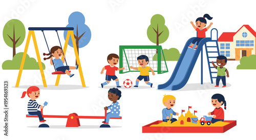 Eight diverse children play joyfully on a colorful playground featuring a swing, slide, seesaw, soccer goal, and sandbox.