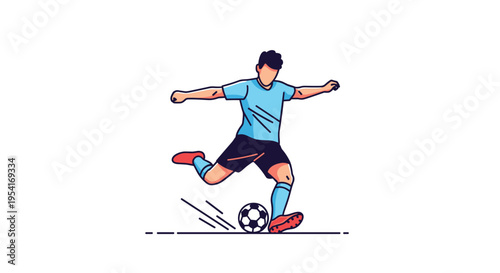 A male soccer player in a blue jersey and black shorts kicks a soccer ball with red cleats, showing dynamic motion on a white background.