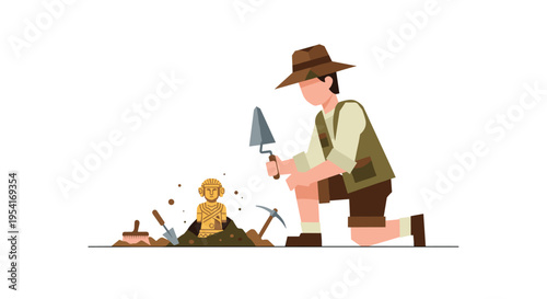 An archaeologist kneels, using a trowel to excavate a golden idol from the earth, surrounded by tools like a pickaxe and brush.