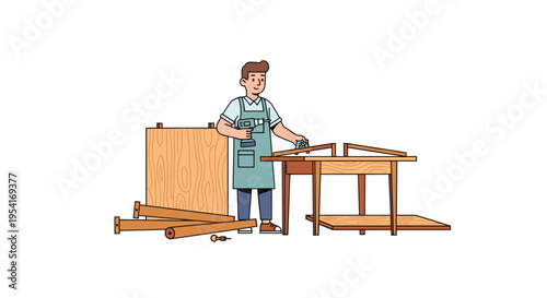 A carpenter uses a drill to assemble wooden furniture pieces, including a table top and legs, surrounded by tools and wood panels.