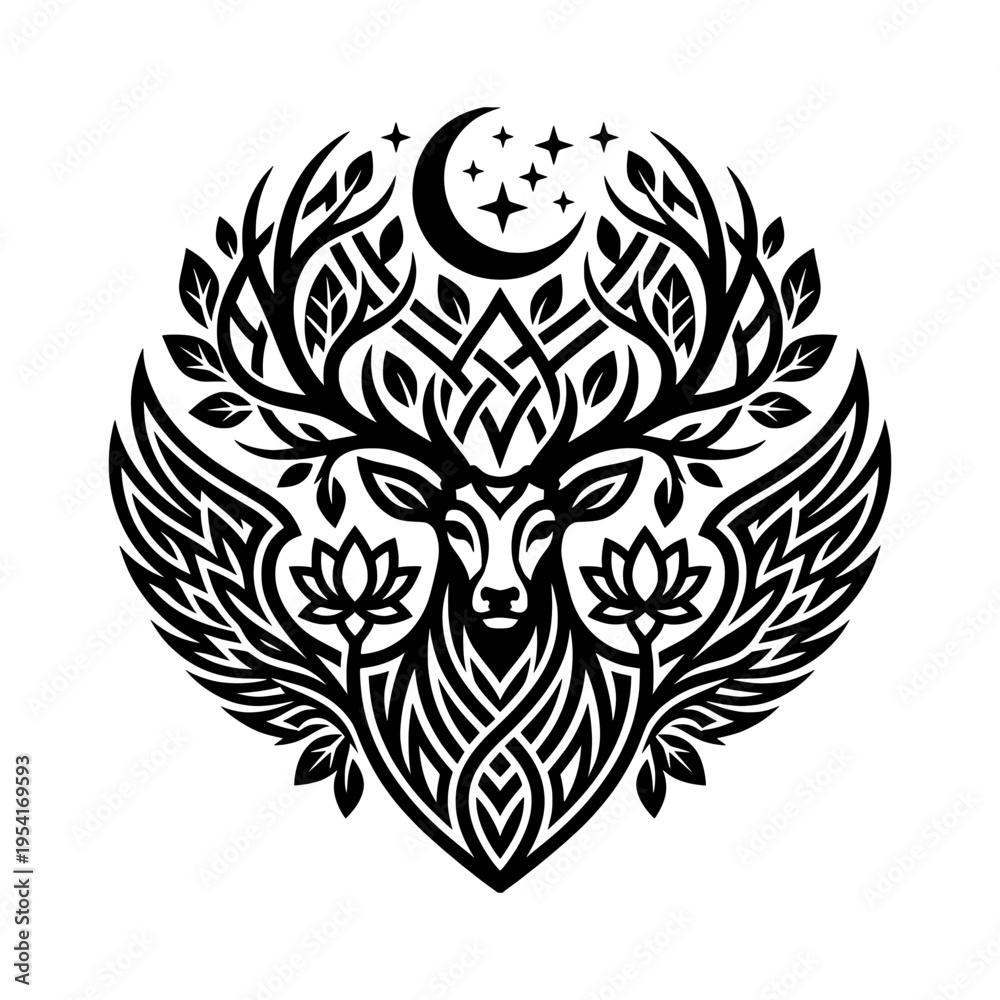 Obraz premium A deer with antlers and a crescent moon