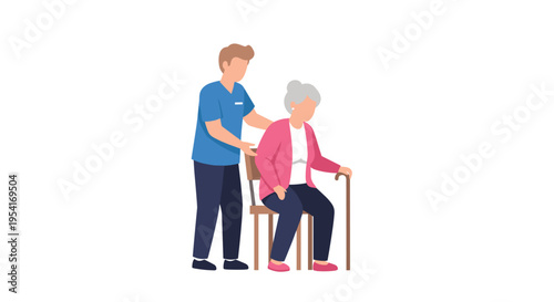 A male caregiver in blue scrubs helps an elderly woman with a cane sit on a wooden chair.