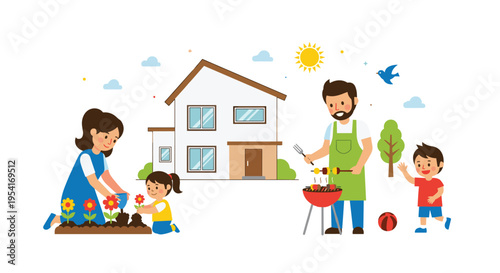 A family gardens and barbecues outside their house under a sunny sky with a bird.