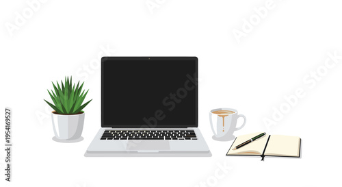 A silver laptop with a blank screen sits between a potted plant and a coffee cup with a notebook and pen.