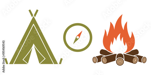 Camping icons including a tent compass and fire