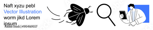 Research, inspection, pest control, data analysis, entomology, problem-solving. Black fly vector, magnifying glass person with tablet. Research and inspection concepts for pest control and analysis
