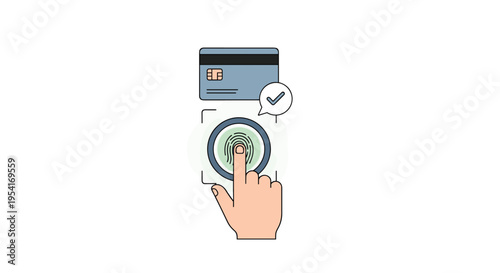 A human hand presses a finger onto a glowing fingerprint scanner next to a credit card on a clean white background.