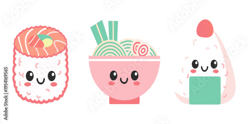 Cute sushi and ramen cartoon characters