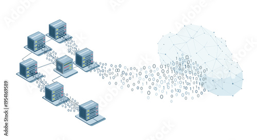Server racks send a stream of binary data towards a cloud composed of binary digits, illustrating cloud migration.
