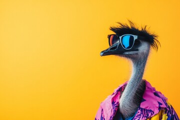 Emu bird in colorful outfit with sunglasses on solid background for birthday party invitation banner