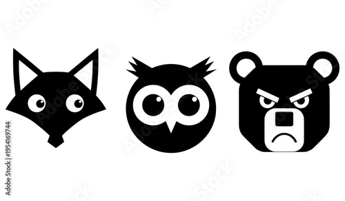 Black and white animal face icons