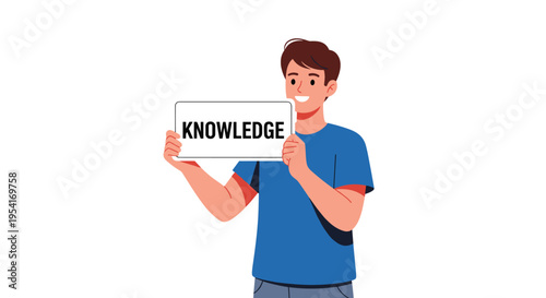 A smiling young man in a blue t-shirt is holding a white rectangular sign with the word KNOWLEDGE against a plain background.