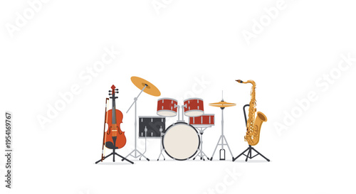 A collection of musical instruments including a red violin, a drum set, and a golden saxophone is arranged on a white background.