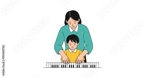 A mother wearing a teal top is gently guiding her young son's hands on a piano keyboard against a white background.