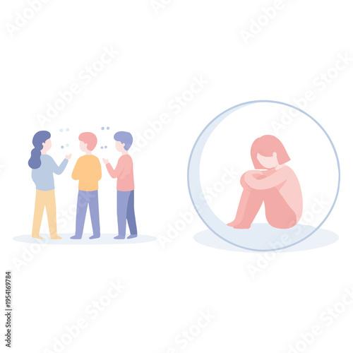 Social Isolation and Bullying Concept with Group Ignoring Sad Person in Bubble Flat Illustration