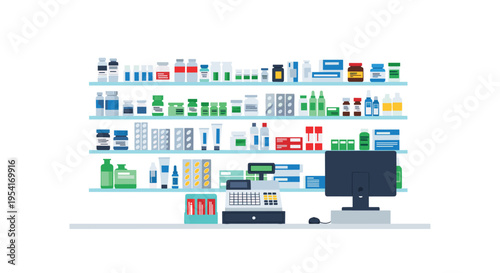Pharmacy shelves are fully stocked with diverse medicines above a counter with a cash register and computer.