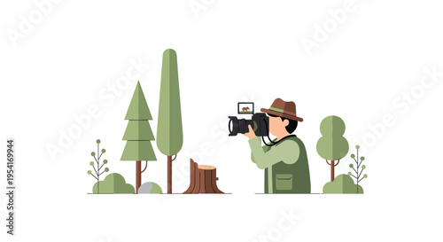 A person films a bear on a camera in a stylized forest setting.