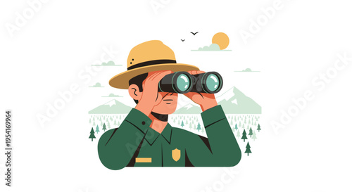 A park ranger in uniform observes the landscape through binoculars.