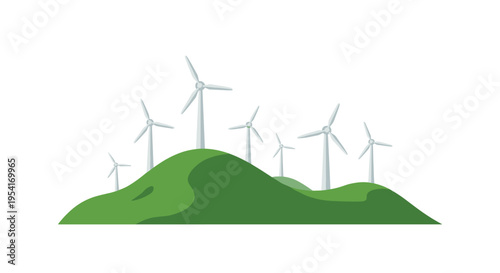 Multiple grey wind turbines stand on rolling green hills under a clear sky.
