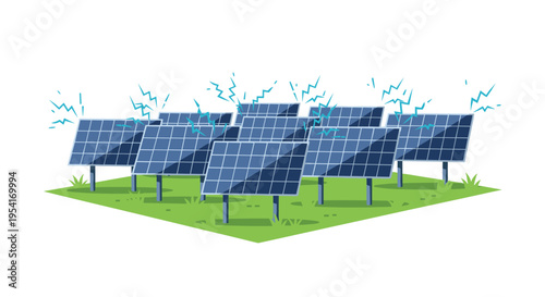 A group of twelve solar panels generates electricity on a green field under a white background.