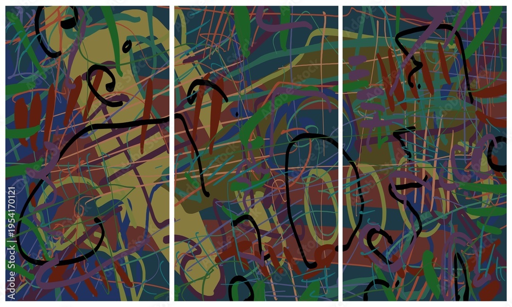 Obraz premium Modern interior triptych. The picture is painted by hand on a tablet.
