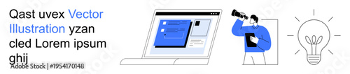 Business teamwork, brainstorming, technology solutions, creativity, online collaboration, innovation. A laptop, a person with a telescope and a lightbulb illustration. Online collaboration