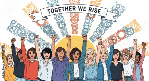 Diverse group of women raising fists together for empowerment and unity.