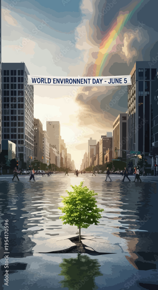 Obraz premium World Environment Day banner above flooded street, green tree from pavement crack. This powerful World Environment Day image conveys urban nature resilience and environmental protection.