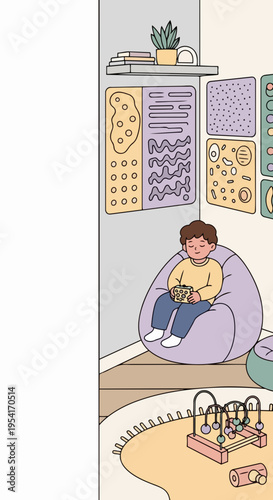 Illustration depicting child relaxing in sensory room with bean bag chair and sensory wall boards. Calm sensory room features textured panels, a playful bead maze, and a serene plant,