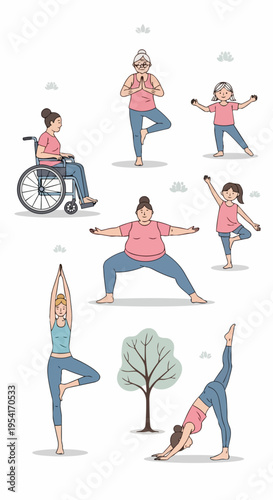 Diverse women practicing inclusive yoga poses, featuring varied ages, body types, abilities in active mindfulness. Women engaging in comprehensive yoga session for health promotion. Concept fitness,