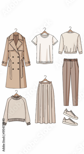 Cohesive clothing collection features trench coat, t shirt, sweaters, midi skirt, pants, and sneakers. Practical clothing collection offers essential fashion items for daily wear.