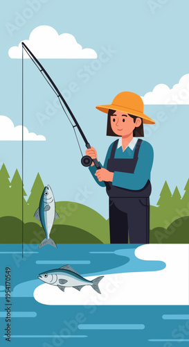 Person fishing enjoying peaceful lake activity with rod and reel in calm nature setting. Person fishing patiently waits for catch, surrounded by green trees and blue sky.