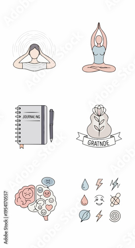 Line art illustrations depicting various self care activities like yoga and journaling for mental wellness. Self care concept shows brain health, gratitude, and emotional well being.