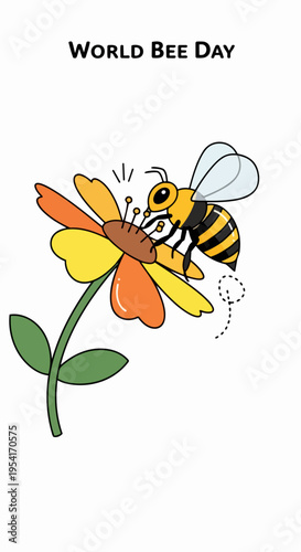 World Bee Day illustration showing bee collecting nectar from vibrant flower. World Bee Day celebration features honeybee pollinating colorful blossom, essential for ecosystem.