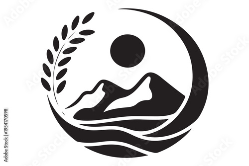 Black circular logo with mountain range sun and wheat sheaf emblem