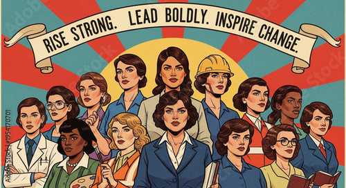 Diverse group of women standing together with inspiring message.