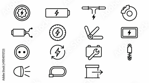 Ultra-minimalist line-style web icons for electric scooter and e-bike repair services. Motors, batteries, disc brakes, and charging symbols collection. Clean vector illustration for micro-mobility app