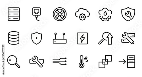 Ultra-minimalist line-style web icons for server and data center maintenance. Racks, cooling fans, and network cables collection. Clean vector illustration for IT dashboards, hosting apps, and infrast
