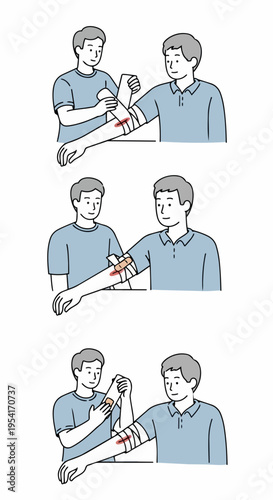 First aid for arm injury illustrated in simple sequence, showing step by step wound care. Effective first aid involves cleaning, then bandaging forearm for proper healing.