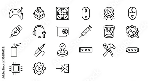 Ultra-minimalist line-style web icons for gaming hardware and eSports equipment repair. Controllers, mechanical switches, GPUs, and thermal maintenance symbols collection. Clean vector illustration fo