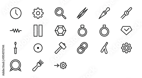 Ultra-minimalist line-style web icons for watch and jewelry repair services. Watch faces, gears, loupes, and precision tools collection. Clean vector illustration for luxury service apps, horology das