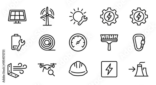 Ultra-minimalist line-style web icons for renewable energy maintenance services. Solar panels, wind turbines, and eco-tech repair symbols collection. Clean vector illustration for green energy apps, s