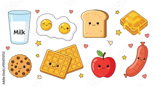Variety of cute breakfast food items with smiling faces including a glass of milk, eggs, toast, waffles, apple, and a sausage.