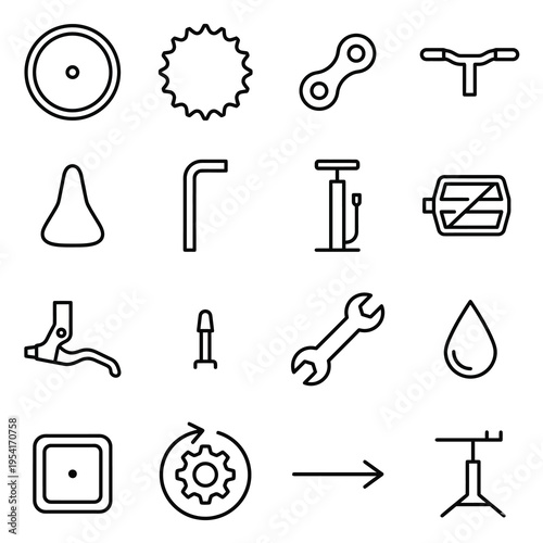 Ultra-minimalist line-style web icons for bicycle repair and maintenance services. Wheels, chains, hex keys, and bike pumps collection. Clean vector illustration for cycling apps, workshop dashboards,