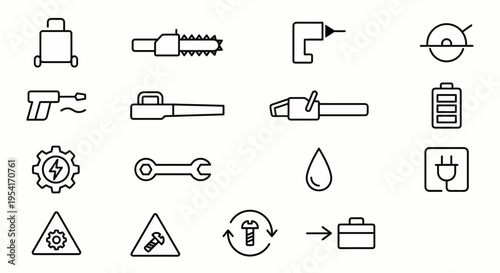 Ultra-minimalist line-style web icons for power tool and garden equipment repair. Mowers, drills, and workshop symbols collection. Clean vector illustration for service apps, hardware dashboards, and 