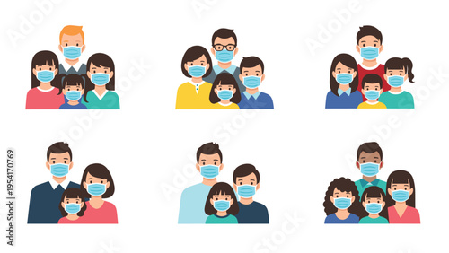 Collection of diverse families of different ethnicities all wearing blue protective medical face masks to stay safe and healthy.
