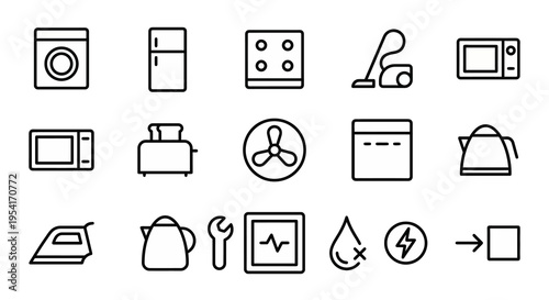 Ultra-minimalist line-style web icons for home appliance repair services. Washing machines, refrigerators, and basic tools collection. Clean vector illustration for maintenance apps, service dashboard